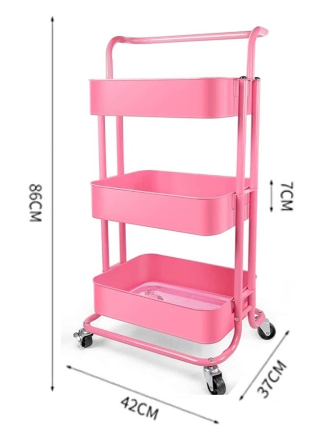 RollsTimi  3 Tier Rolling Cart with Lockable Wheels and Handle, Three Tiered Pink Trolley Cart on Wheels, Utility Storage Organizer for Bathroom, Kitchen, Teachers, Art, Crafts, Snack, Nail - Image 4
